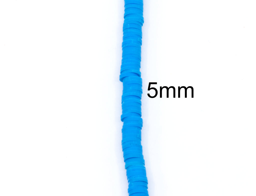 A close-up of a single strand of blue polymer clay beads shown vertically on a white background, with the text '5mm' indicating the diameter.