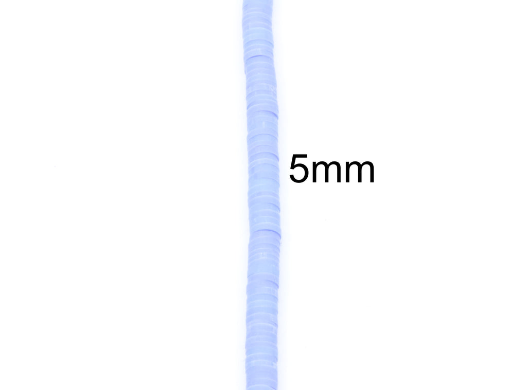 A single strand of light blue polymer clay disc beads shown vertically on a plain white background with a '5mm' size label.