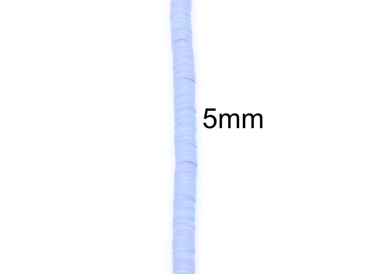 A single strand of light blue polymer clay disc beads shown vertically on a plain white background with a '5mm' size label.