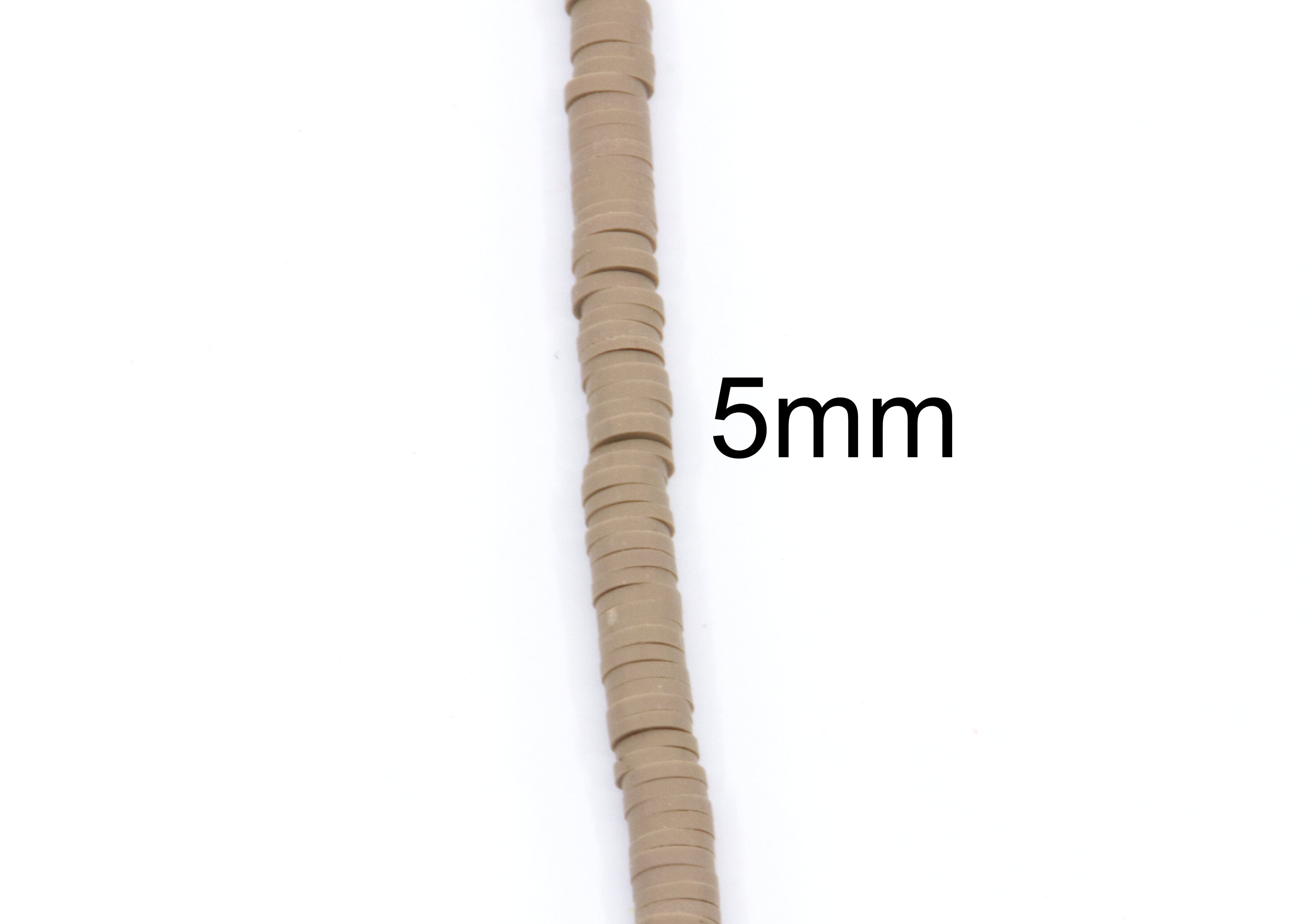 A close-up of single strand of brown polymer clay disc beads shown vertically on a white background, with the text '5mm' overlaid to indicate its size