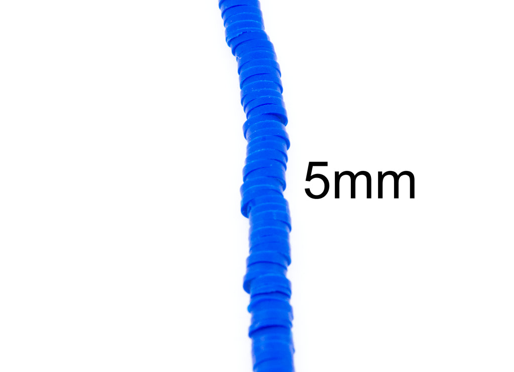 A close-up of a single strand of blue polymer clay disc beads on a white background with the text '5mm' overlaid to indicate the size