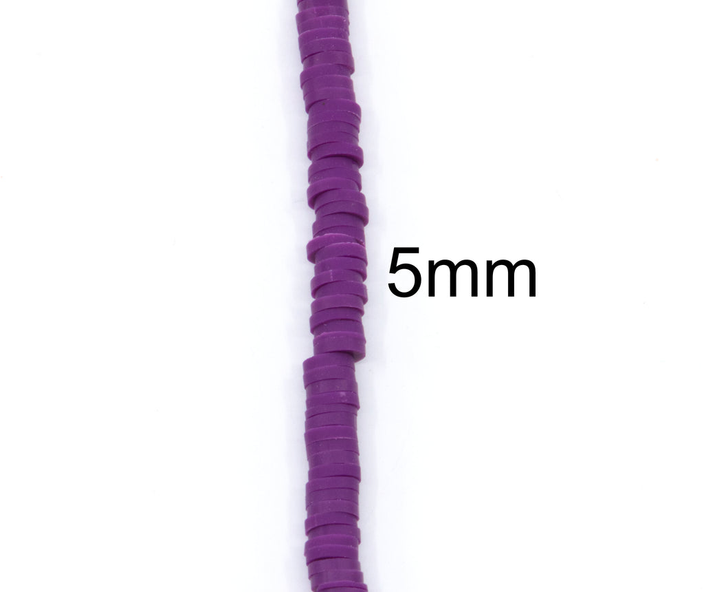 A single strand of purple polymer clay disc beads shown vertically on a white background, with the text '5mm' overlaid to indicate the bead size.