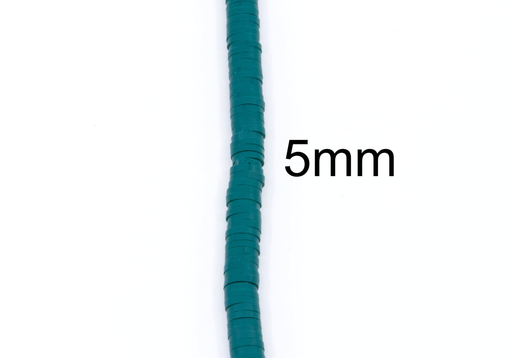 a single strand of teal polymer clay disc beads shown vertically on a white background, with the text '5mm' overlaid to indicate size