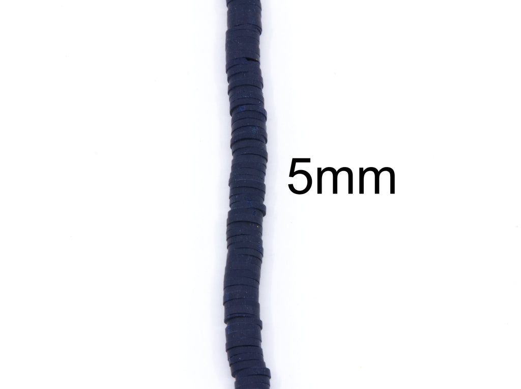 A single strand of dark navy blue polymer clay disc beads shown vertically on a plain white background with a '5mm' size label.
