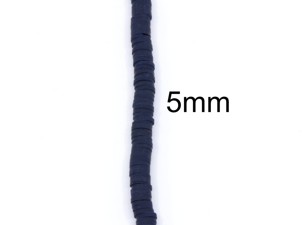 A single strand of dark navy blue polymer clay disc beads shown vertically on a plain white background with a '5mm' size label.