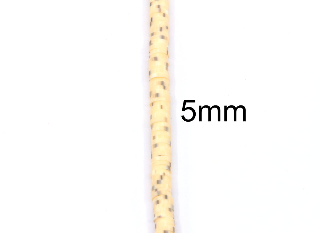 A close-up of a single strand of light orange polymer clay disc beads shown vertically on a white background with the text '5mm' indicating its size