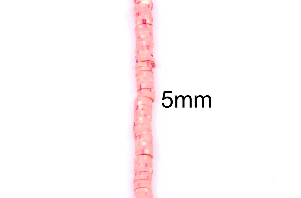 A close-up vertical view of a strand of pink polymer clay beads with a black '5mm' size label on a plain white background.