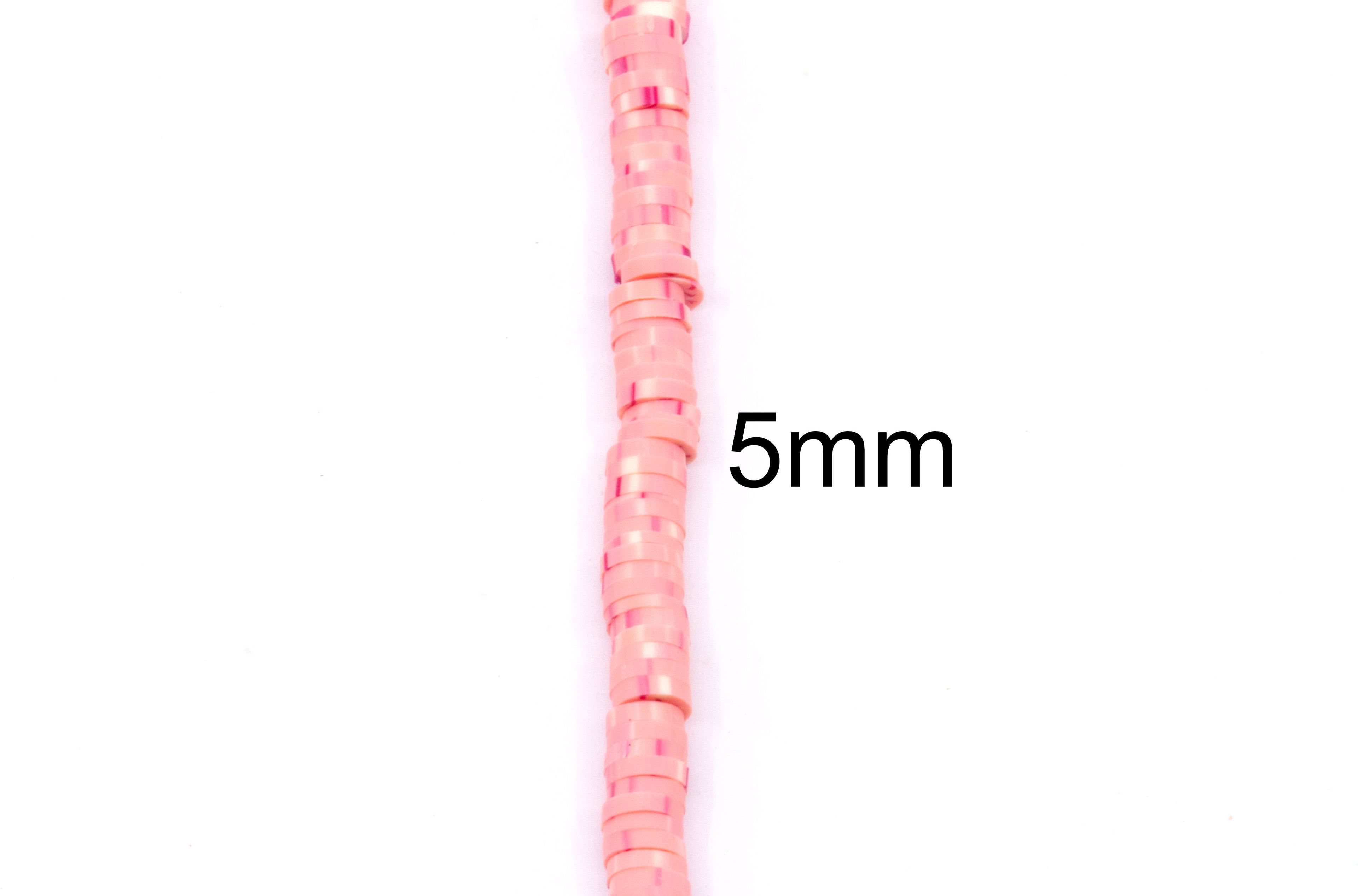 A close-up vertical view of a strand of pink polymer clay beads with a black '5mm' size label on a plain white background.