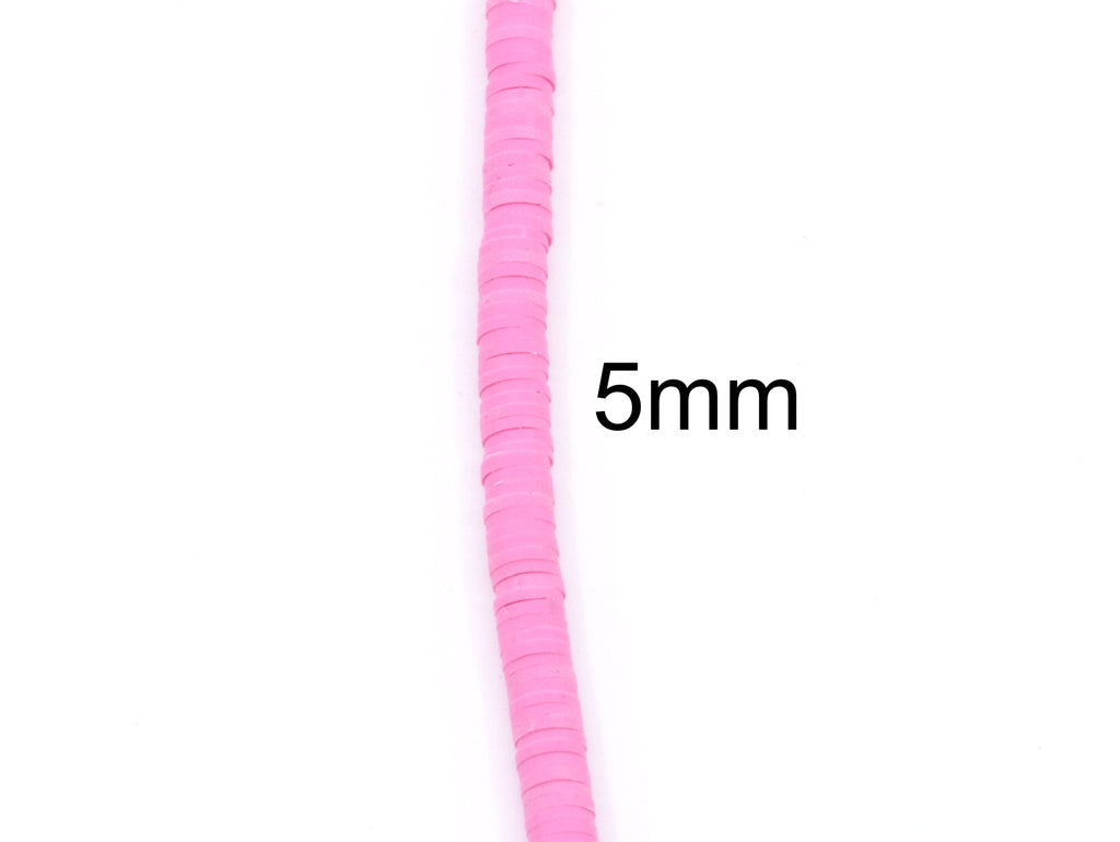 A single strand of pink polymer clay disc beads shown vertically on a white background with a '5mm' size label.