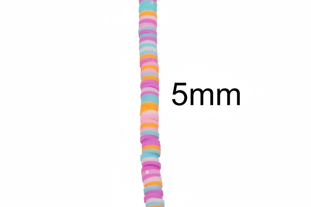 A close-up of a single strand of pink and orange polymer clay beads, shown on a white background with the text '5mm' to indicate size beside it.