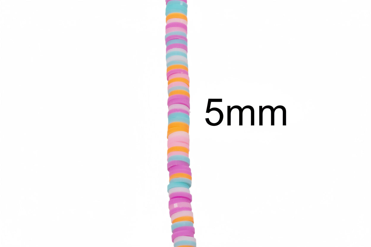 A close-up of a single strand of pink and orange polymer clay beads, shown on a white background with the text '5mm' to indicate size beside it.