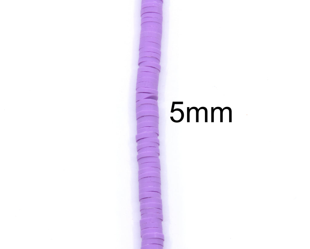 A single strand of purple polymer clay disc beads, shown vertically on a white background with a '5mm' size overlay.