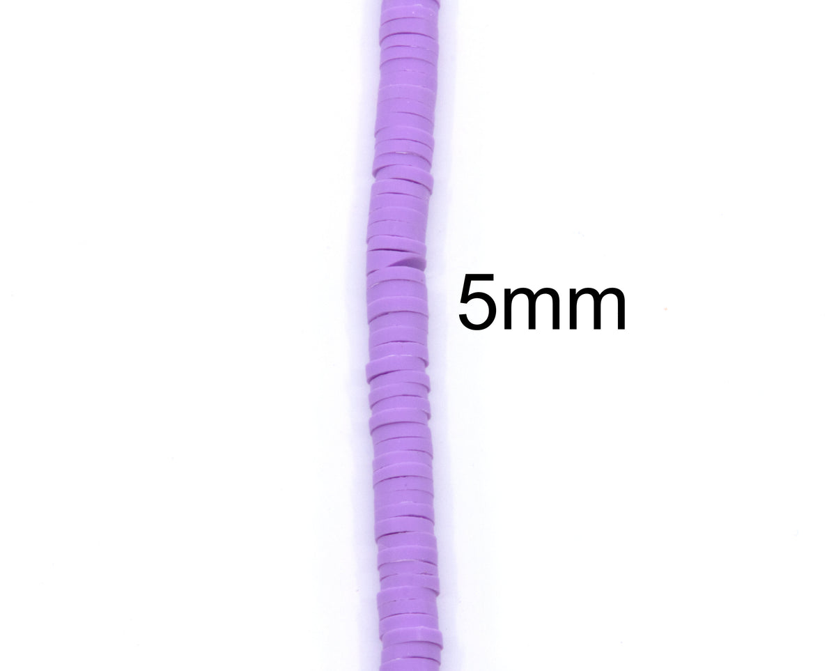 A single strand of purple polymer clay disc beads, shown vertically on a white background with a '5mm' size overlay.