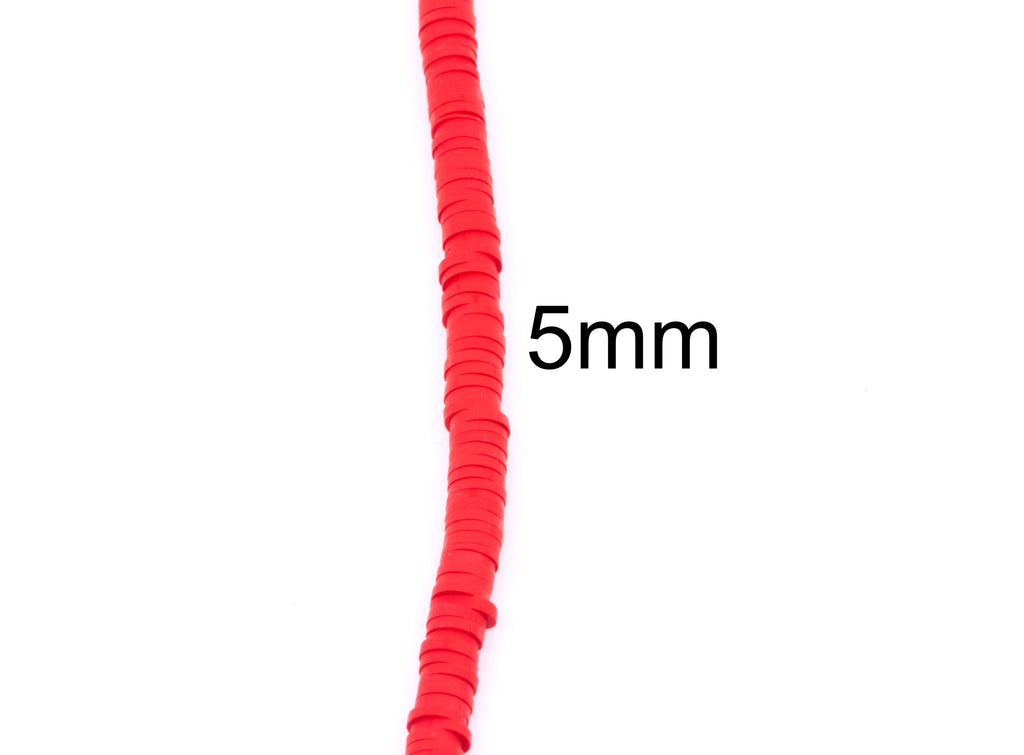 A close-up of a single strand of red polymer clay disc beads shown vertically on a plain white background, with the text '5mm' printed in black to indicate its thickness.