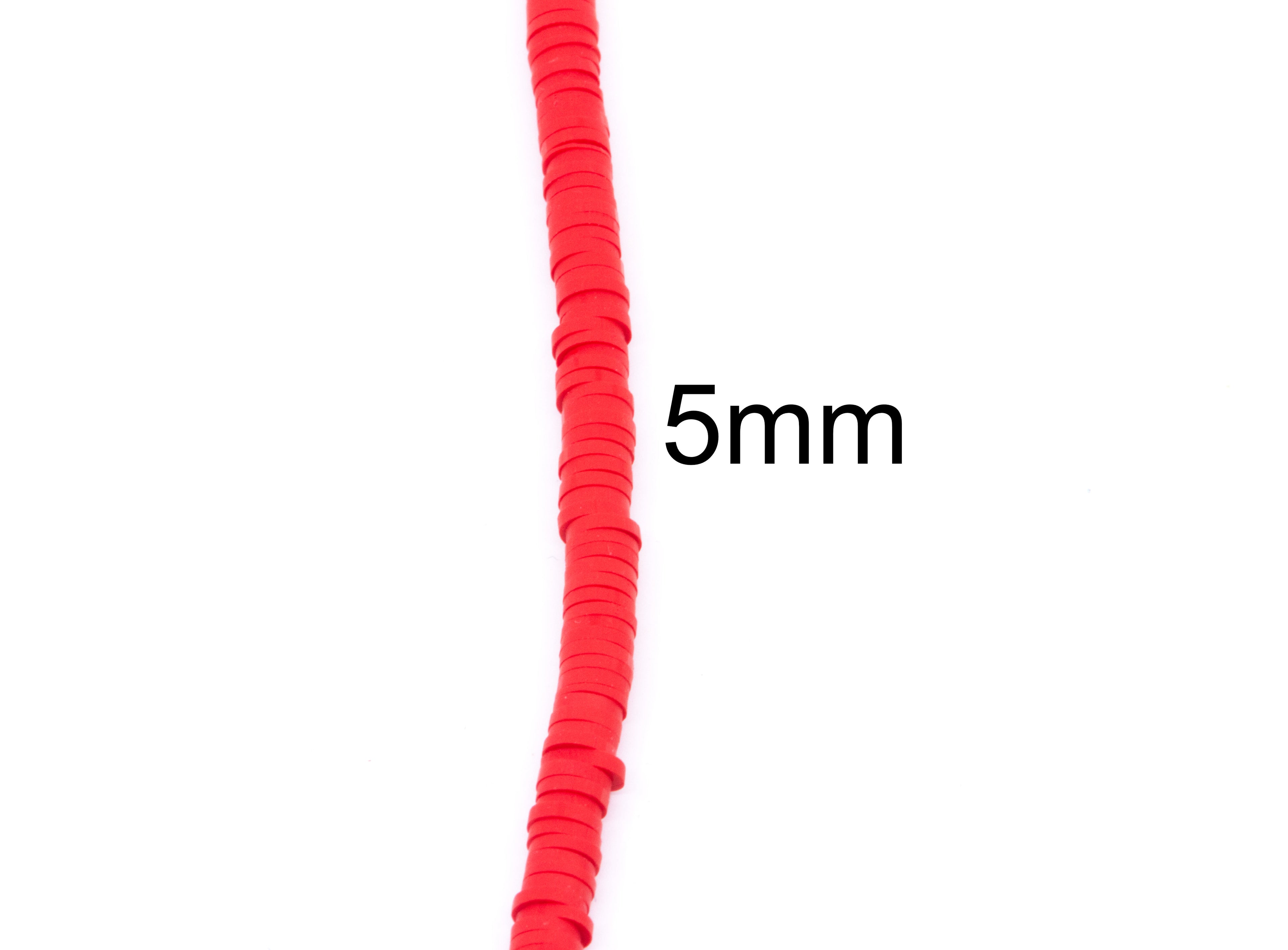A close-up of a single strand of red polymer clay disc beads shown vertically on a plain white background, with the text '5mm' printed in black to indicate its thickness.