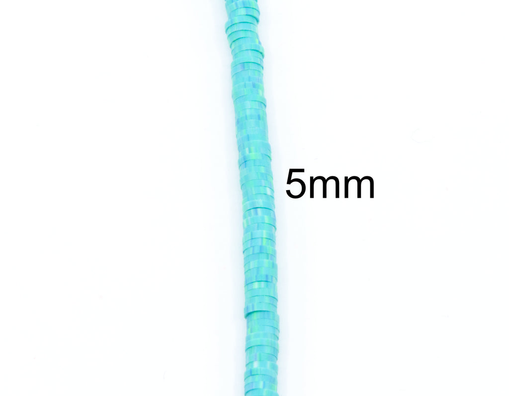 A single strand of blue polymer clay disc beads shown vertically on a white background, with the text '5mm' indicating the bead size.