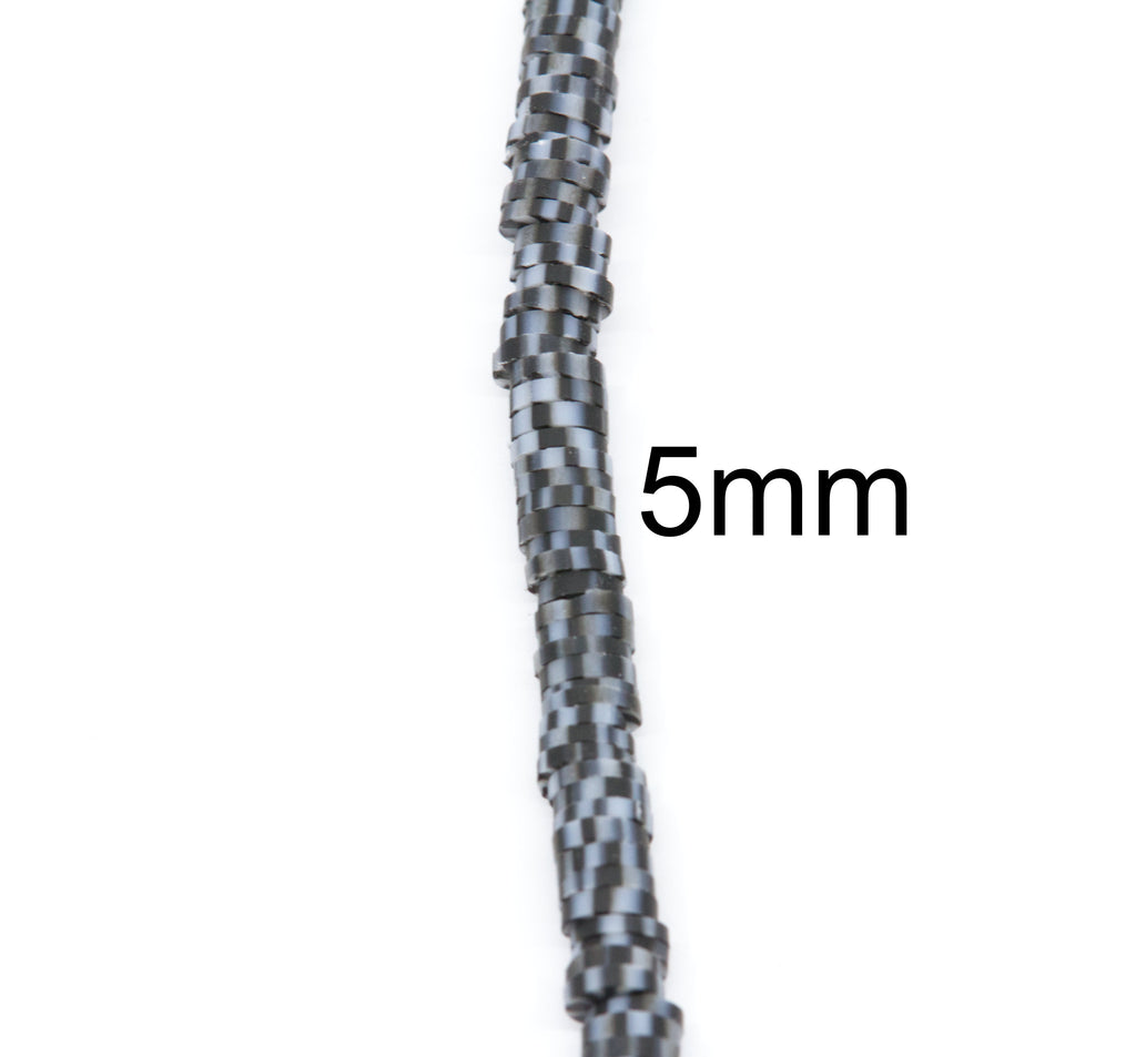 A close-up of a single strand of black and gray polymer clay disc beads shown vertically on a white background, with the text '5mm' overlaid to indicate the size.