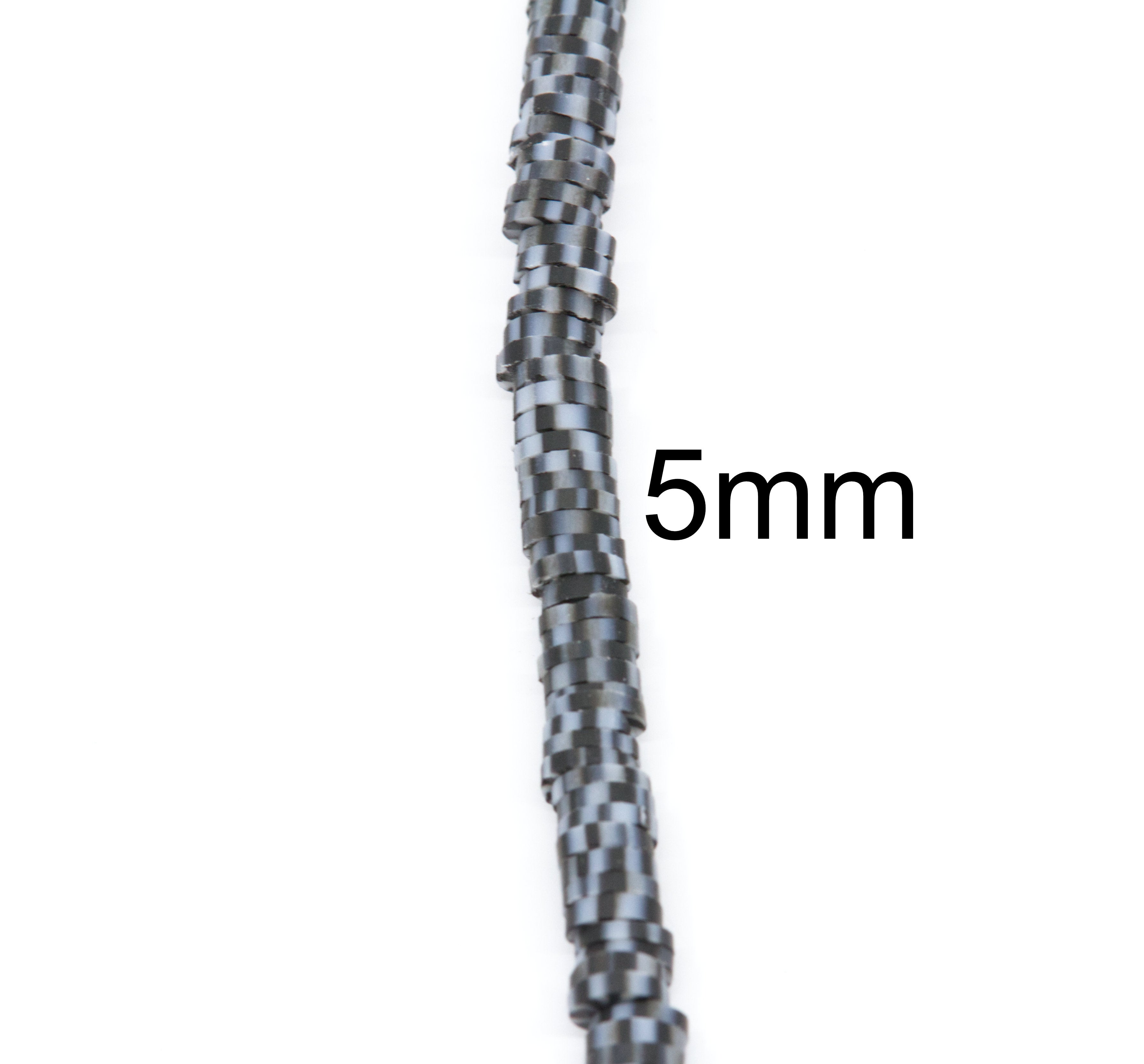 A close-up of a single strand of black and gray polymer clay disc beads shown vertically on a white background, with the text '5mm' overlaid to indicate the size.