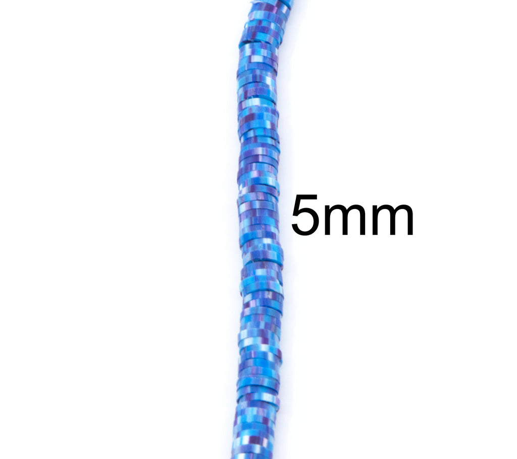 A single strand of polymer clay blue and purple beads, shown vertically on a white background with '5mm' text indicating the bead size.