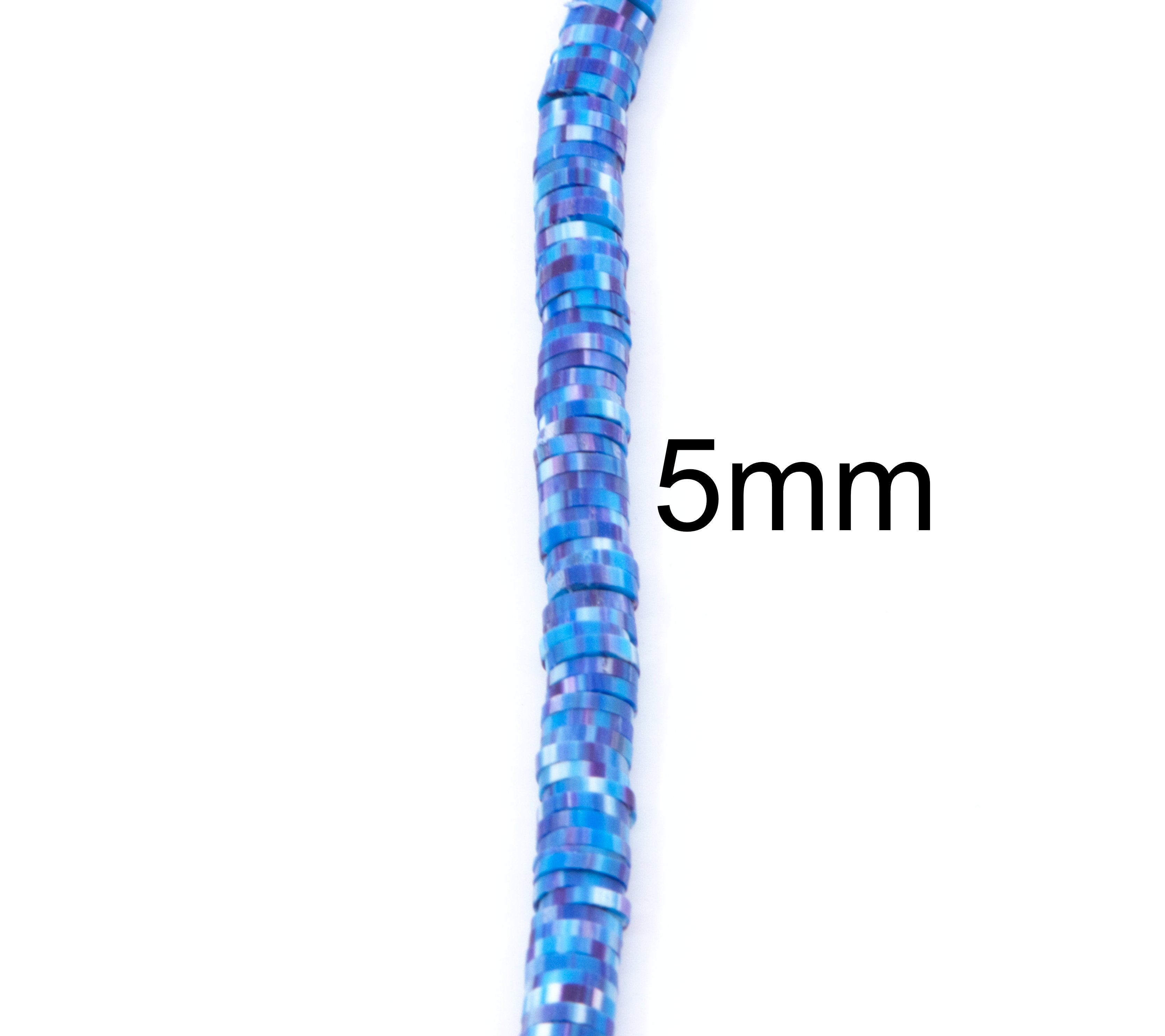 A single strand of polymer clay blue and purple beads, shown vertically on a white background with '5mm' text indicating the bead size.