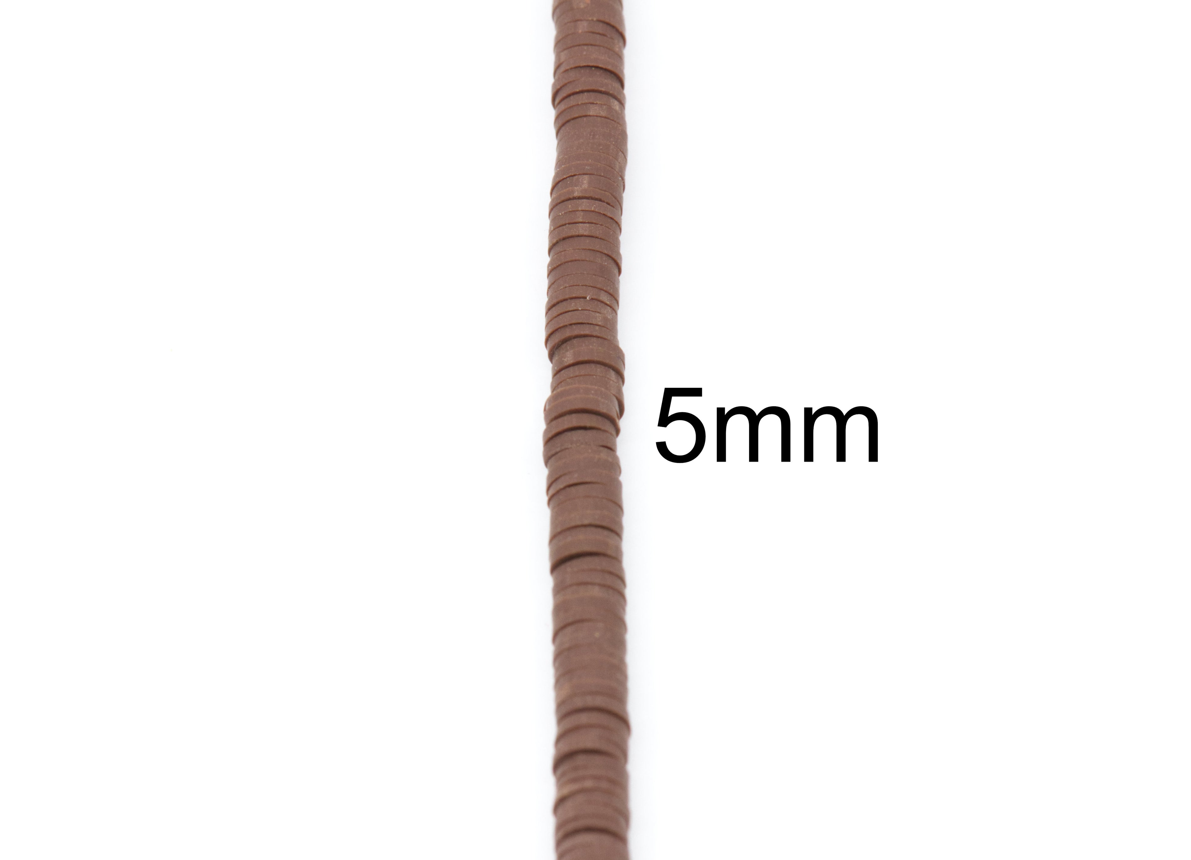 A close-up of a single strand of brown polymer clay disc beads shown vertically on a white background with the text '5mm' printed beside it, indicating the product's size