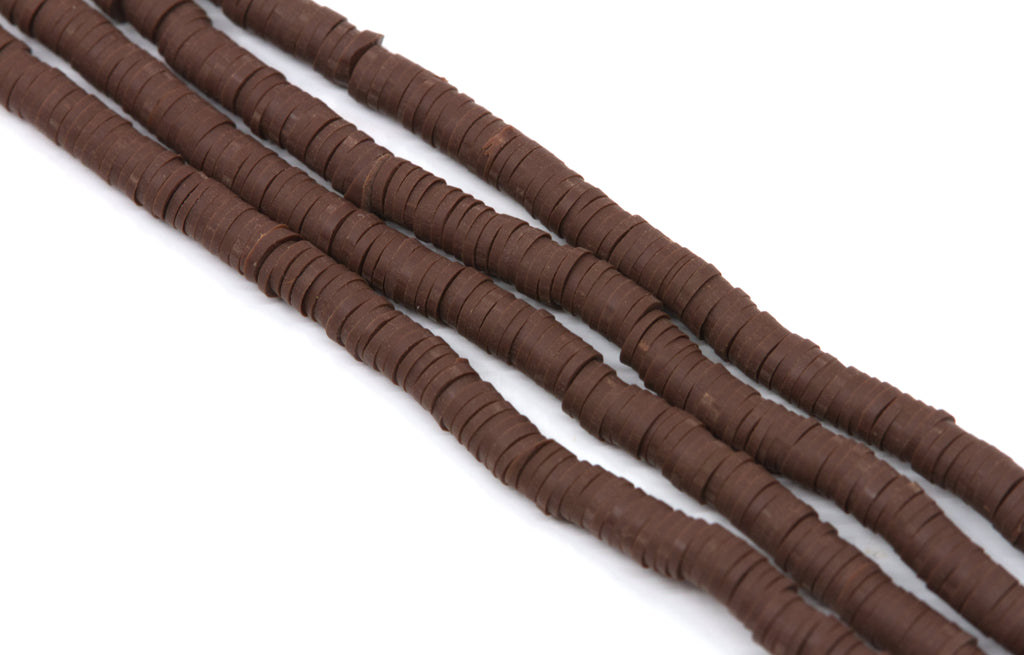 Four strands of dark brown polymer clay disc beads arranged diagonally on a plain white background.