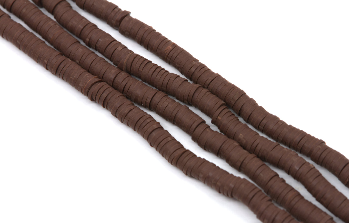 Four strands of dark brown polymer clay disc beads arranged diagonally on a plain white background.