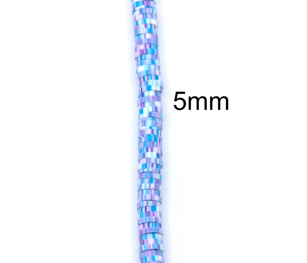 A single strand of blue and purple polymer clay disc beads, shown vertically on a white background with a '5mm' size label.