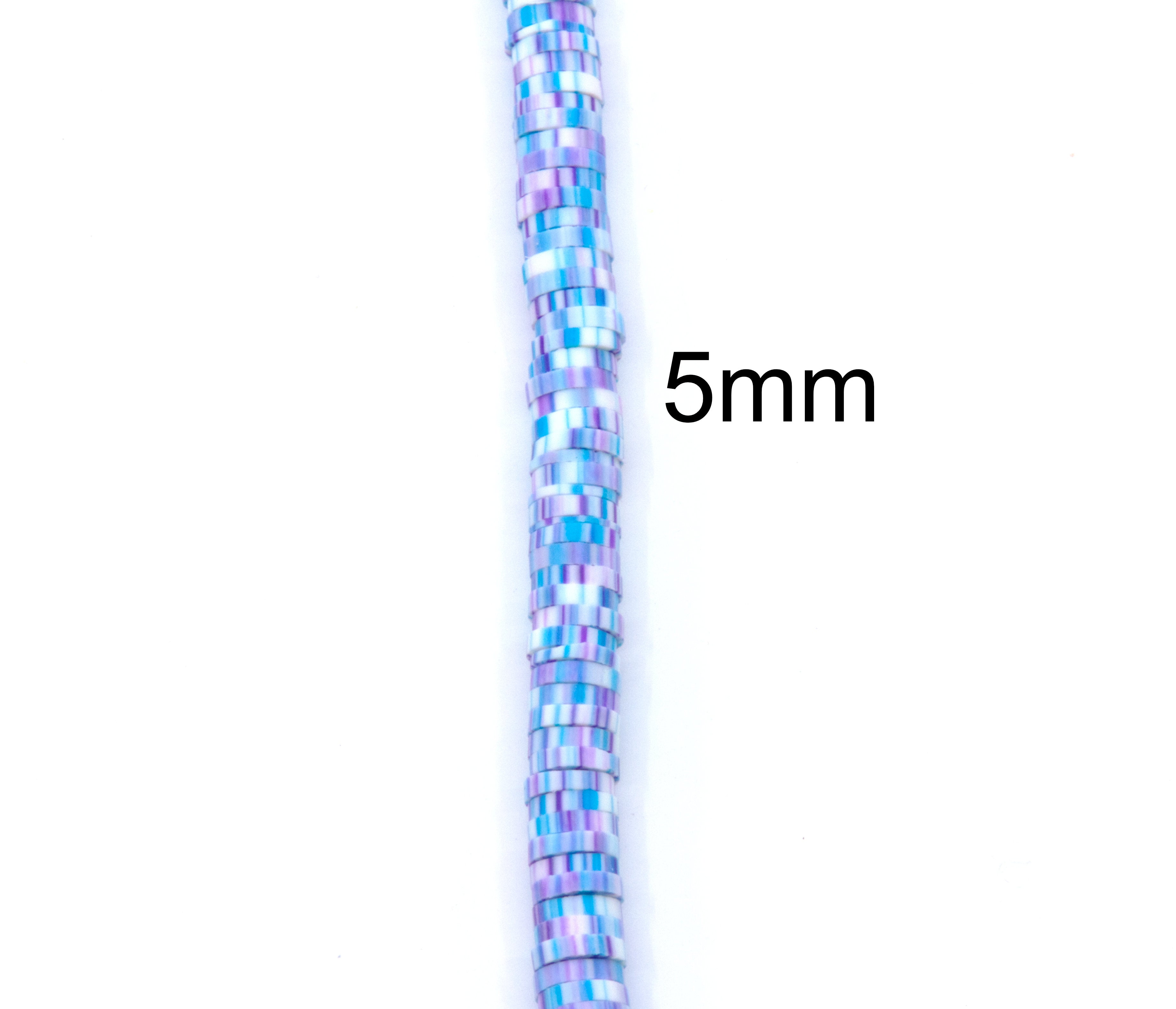 A single strand of blue and purple polymer clay disc beads, shown vertically on a white background with a '5mm' size label.