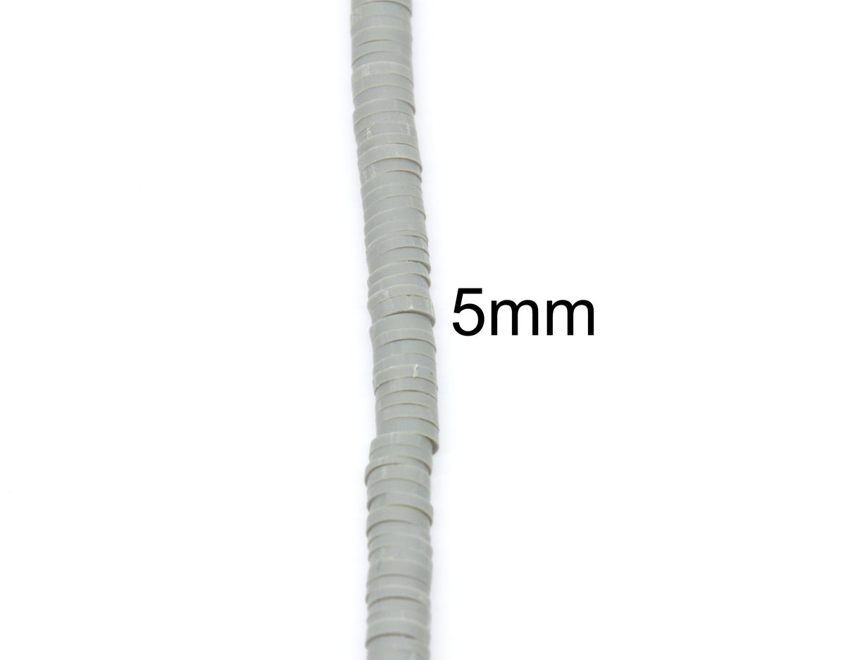 A close-up of a single strand of gray polymer clay disc beads shown vertically on a white background, with the text '5mm' indicating the size