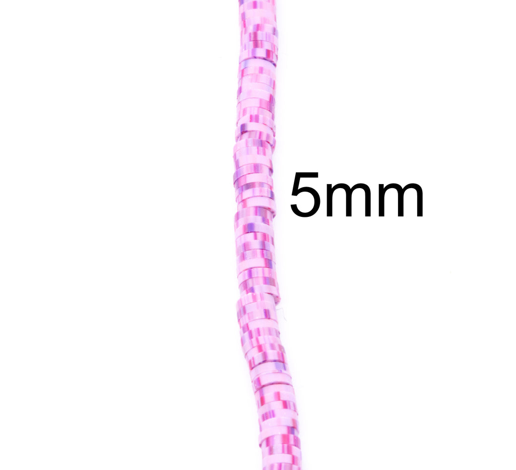 A single strand of pink and purple polymer clay disc beads, shown vertically on a white background with the text '5mm' indicating the bead size.