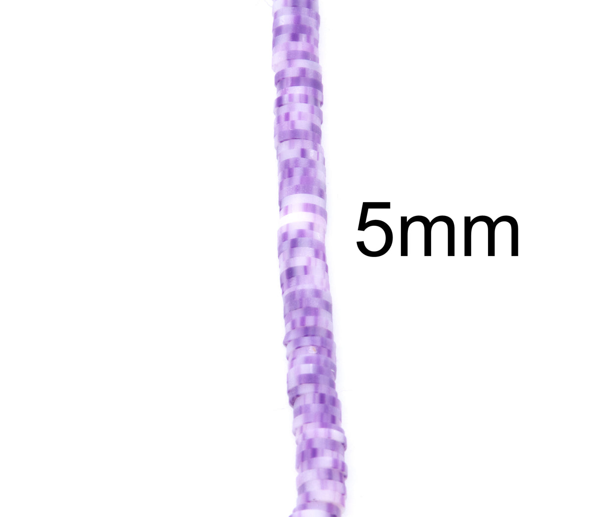 A close-up of a single strand of purple and white polymer clay beads shown vertically on a white background, with the text '5mm' printed to the right indicating size.