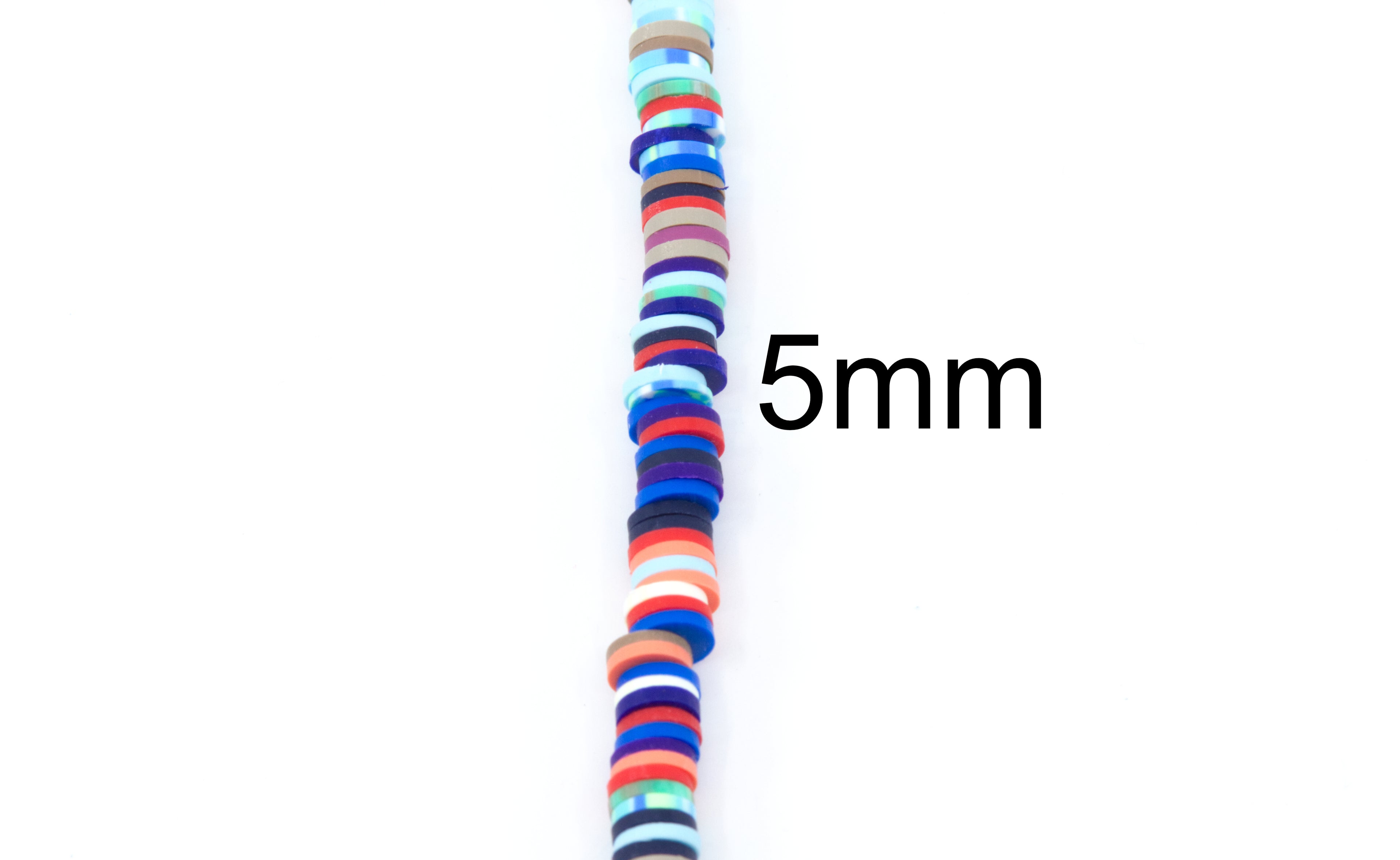 A vertical stack of red and blue multi-color polymer clay disc beads with the text '5mm' printed to the right indicating size , on a plain white background.