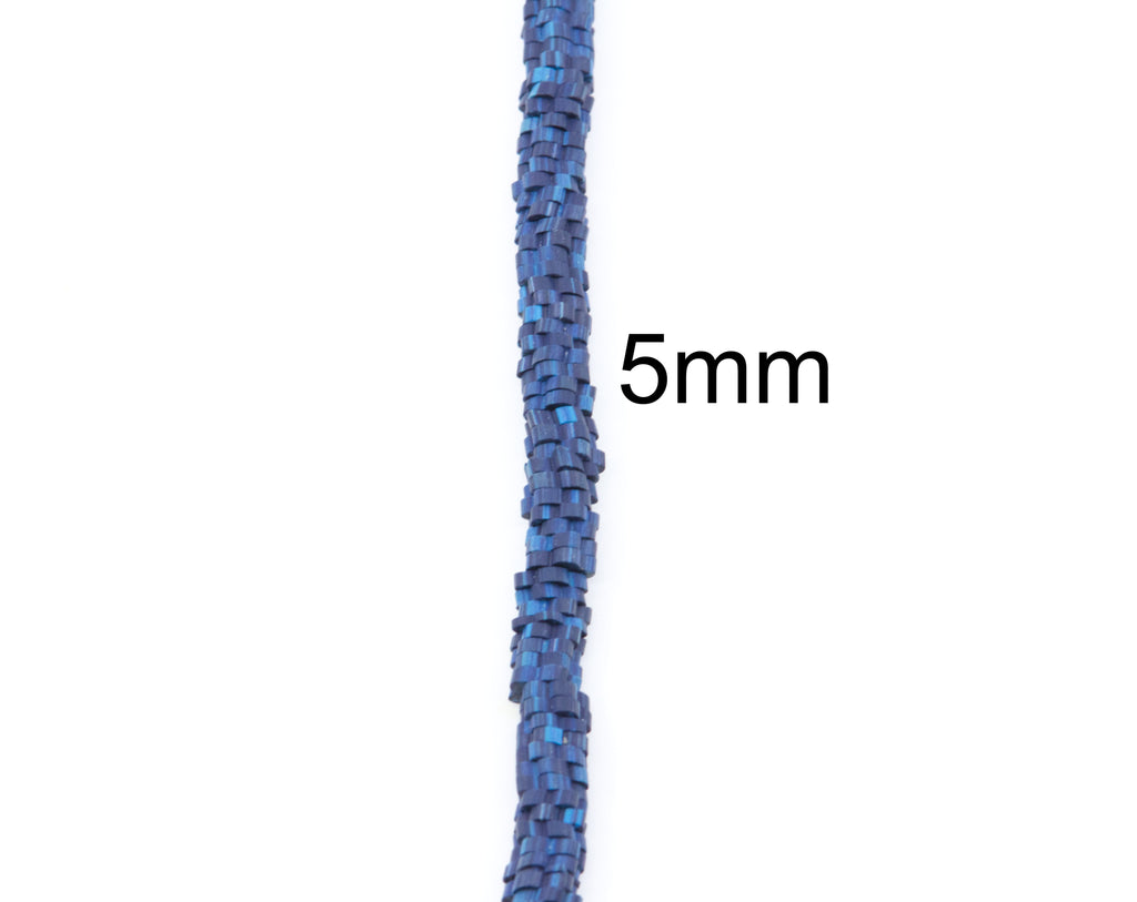 A close-up vertical view of a strand of blue polymer clay flower disc beads, with the text '5mm' printed beside it to indicate size on a plain white background.