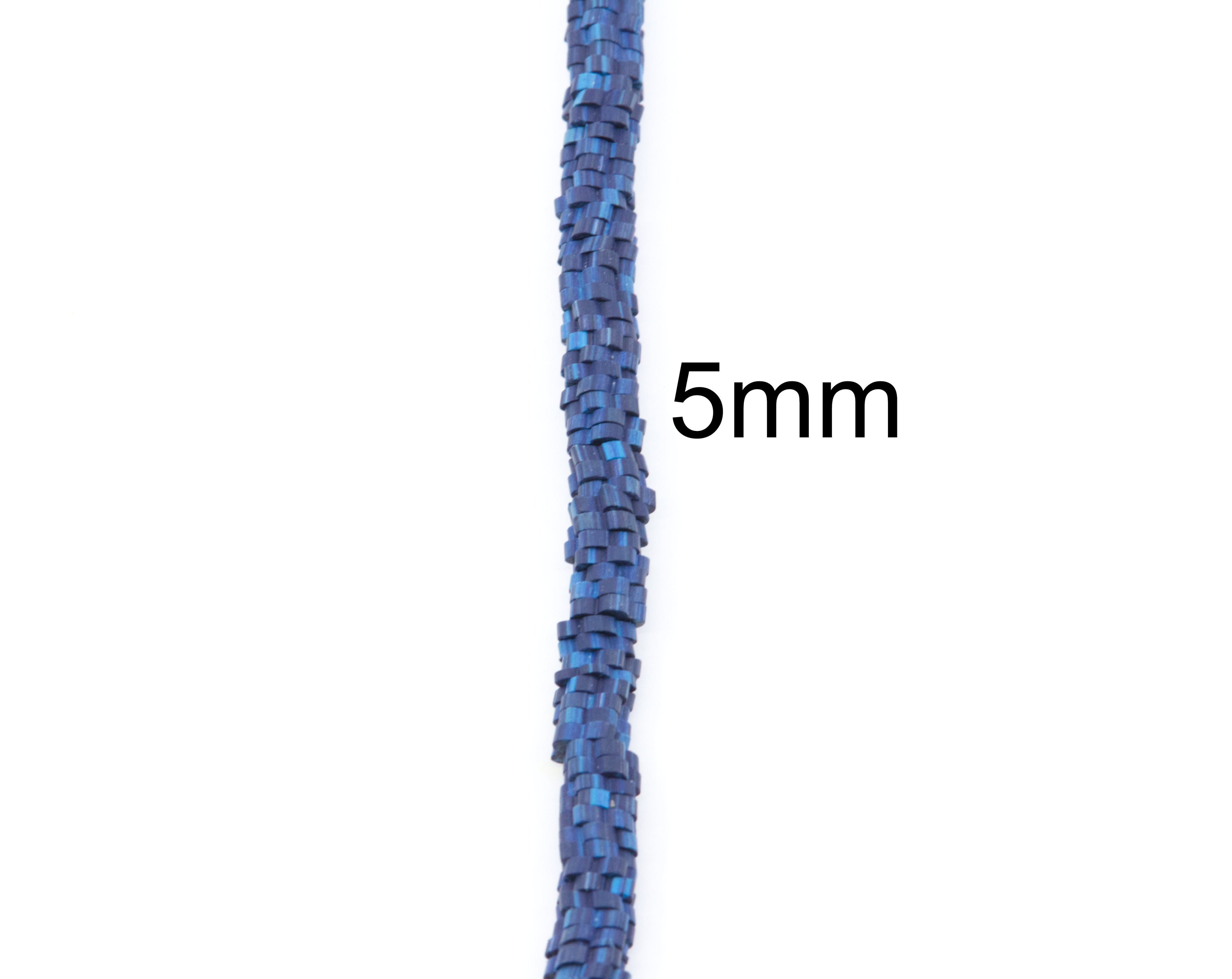 A close-up vertical view of a strand of blue polymer clay flower disc beads, with the text '5mm' printed beside it to indicate size on a plain white background.