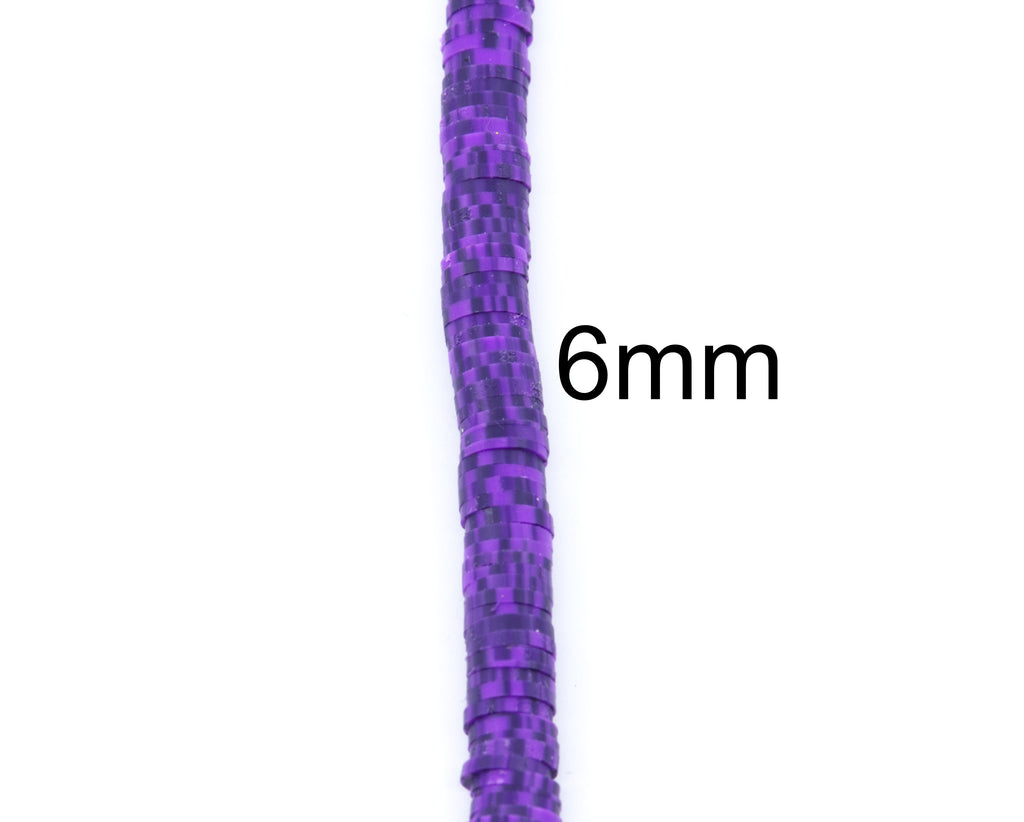 A close-up of a strand of dark speckled purple polymer clay disc beads shown vertically on a white background, with the text '6mm' to reference bead size beside it.