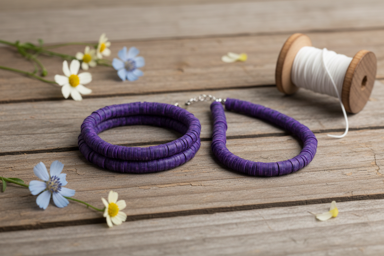 Purple beaded jewelry pieces, including a thick beaded bracelets, displayed on a rustic wooden surface next to a spool of white thread and small daisies.