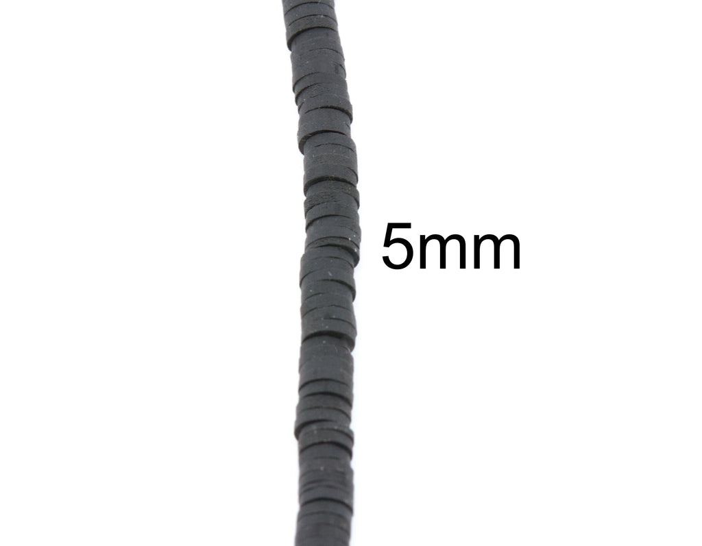 a single strand of black polymer clay disc beads shown vertically on a white background, with the text '5mm' printed beside it to indicate the size