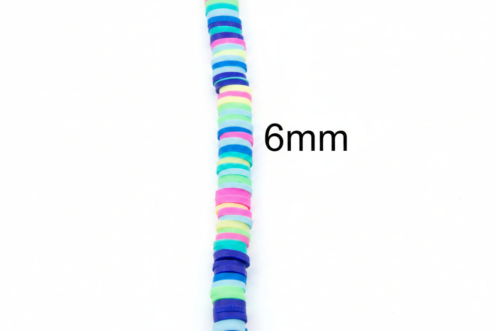A vertical strand of multi-color blue, green and pink polymer clay beads on a white background, with the text '6mm' printed beside it.
