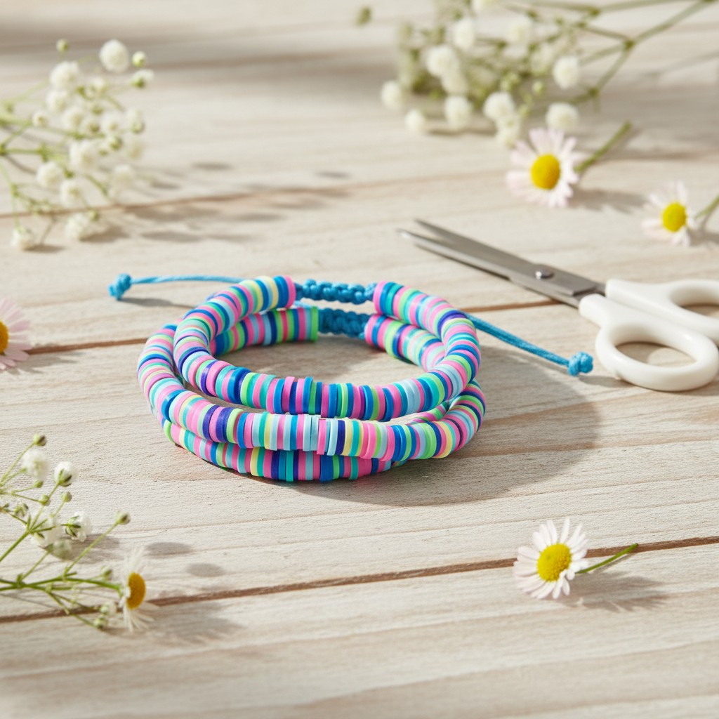 A coiled bracelet made of colorful striped elastic bands in blue, pink, and green, with a blue cord, displayed on a light wood surface with white daisies and white-handled scissors nearby.