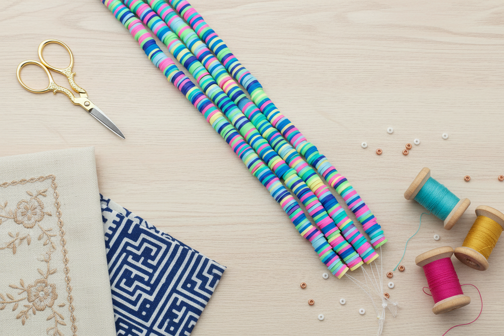 A flat-lay of multi-color blue, green and pink polymer clay bead strands on a light wood background, accompanied by scissors, fabric pieces, and thread spools.