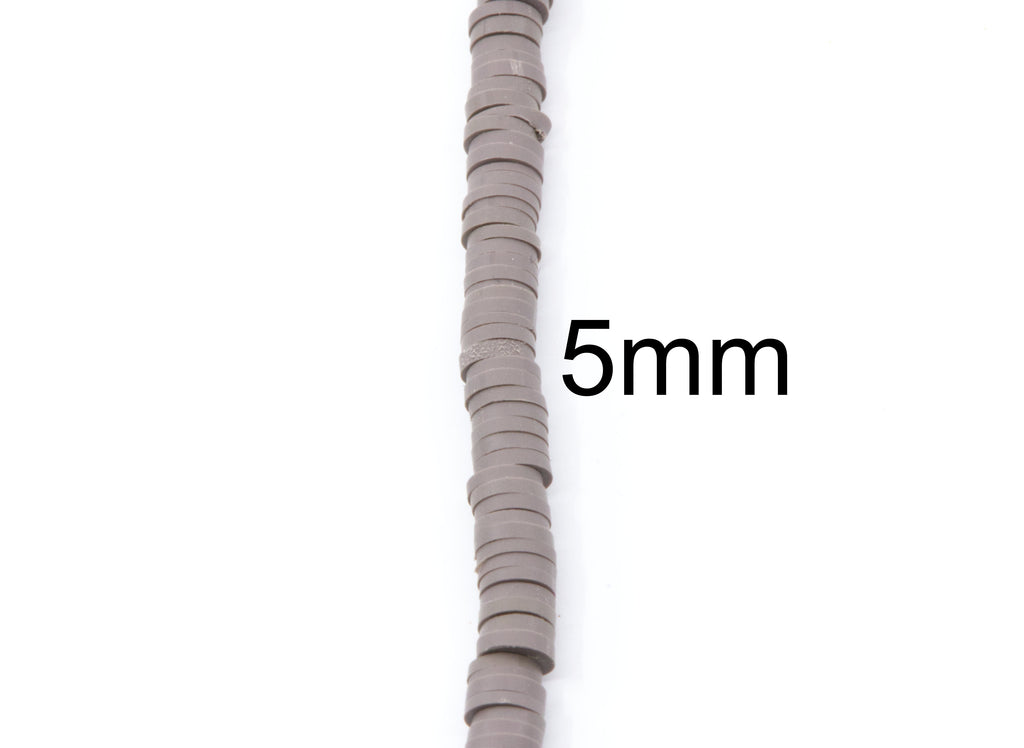 A single strand of gray polymer clay disc beds arranged vertically on a white background, with the text '5mm' printed beside it to indicate the bead size.