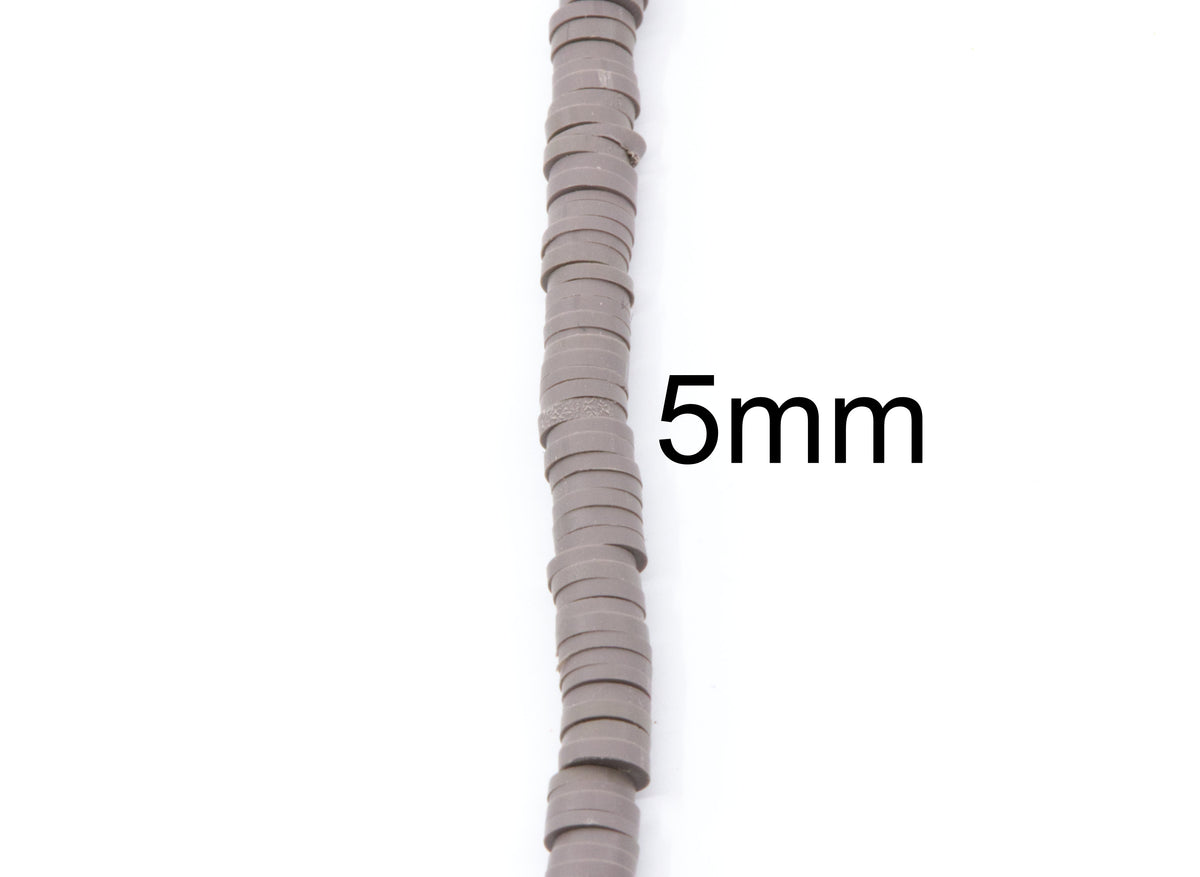 A single strand of gray polymer clay disc beds arranged vertically on a white background, with the text '5mm' printed beside it to indicate the bead size.