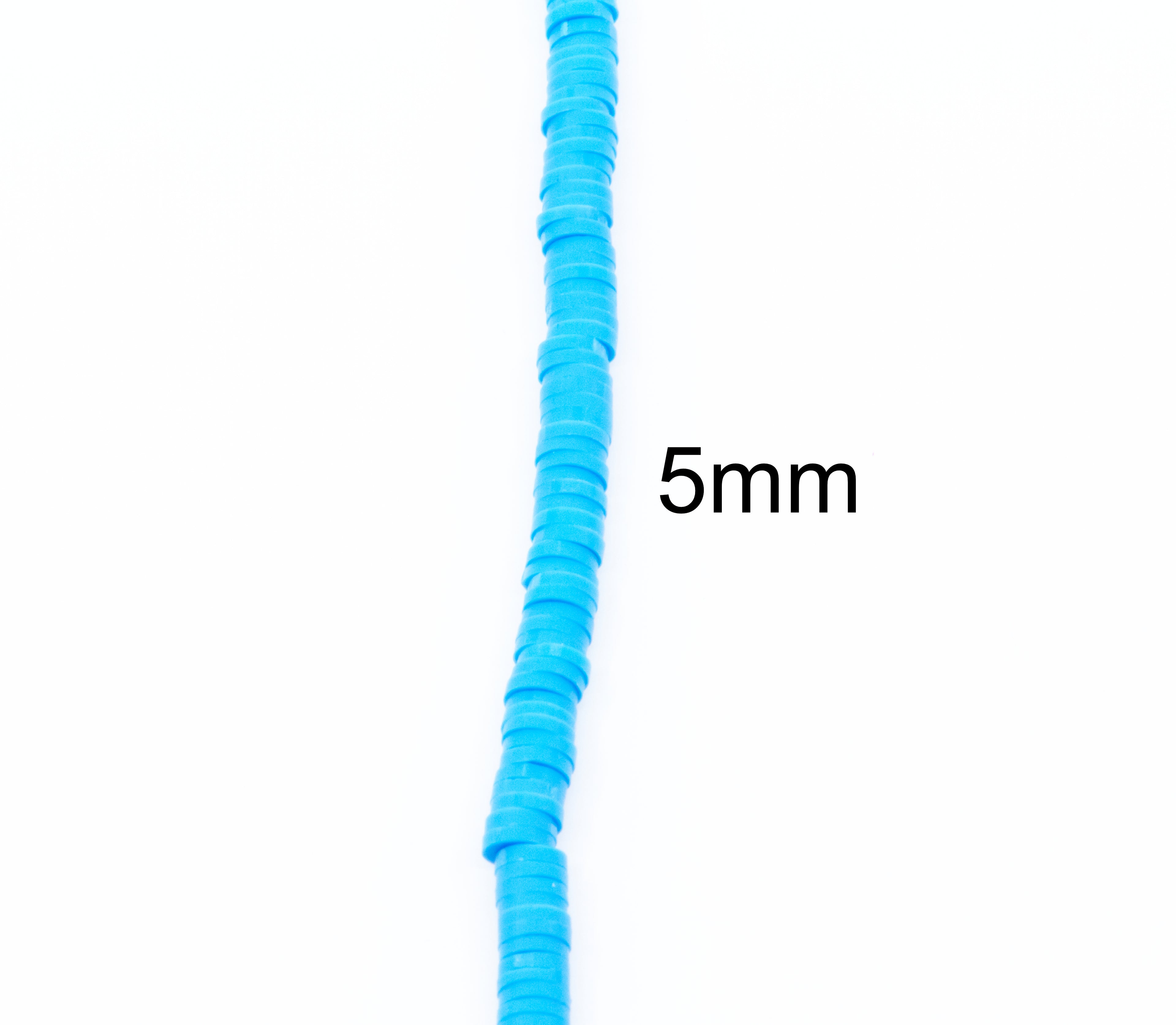 A close-up of a single strand blue polymer clay disc beads with a black text overlay reading '5mm' to indicate size on a plain white background.
