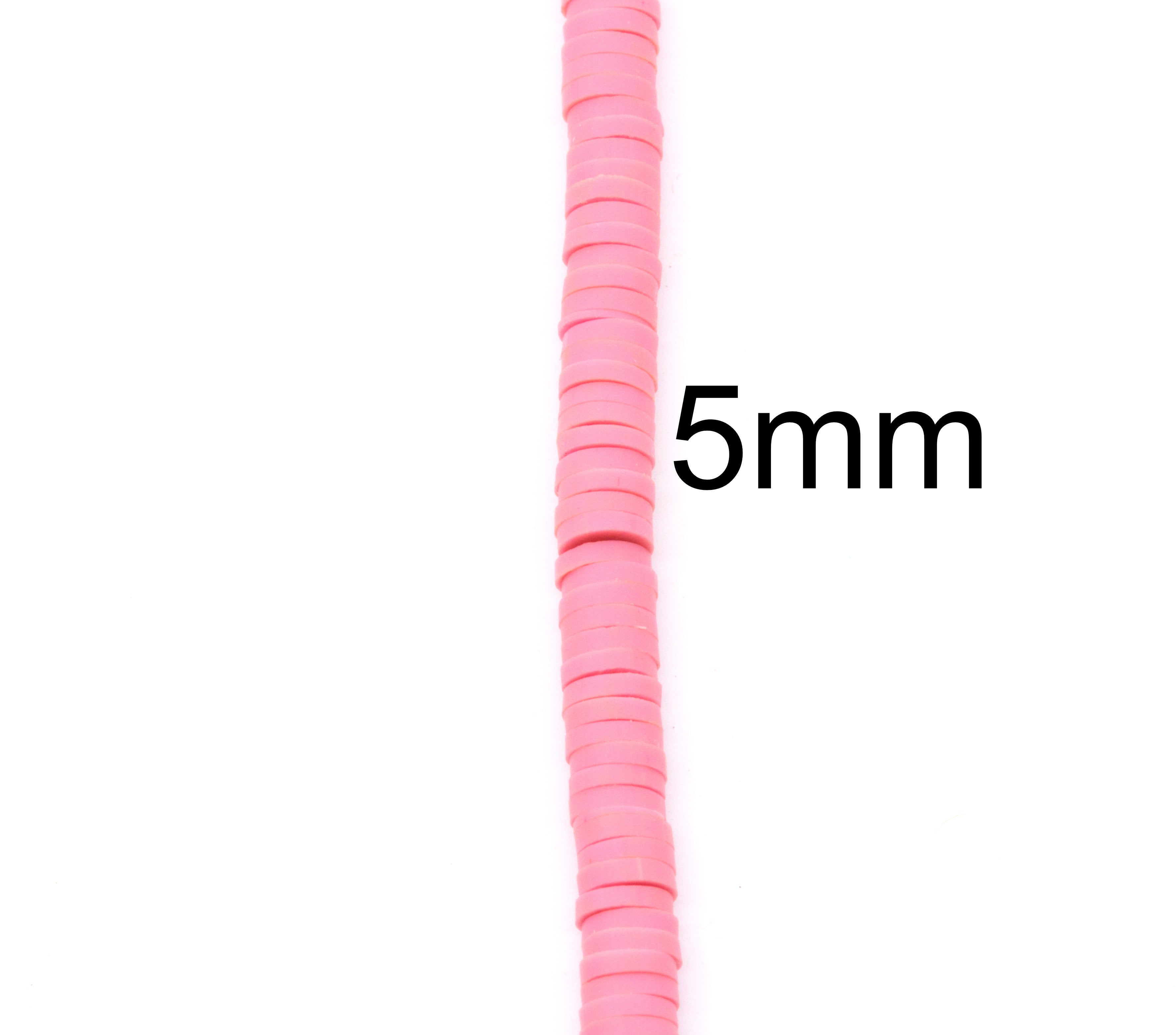 A close-up vertical strand of pink polymer clay disc beads with black text reading '5mm' to indicate size on a plain white background.