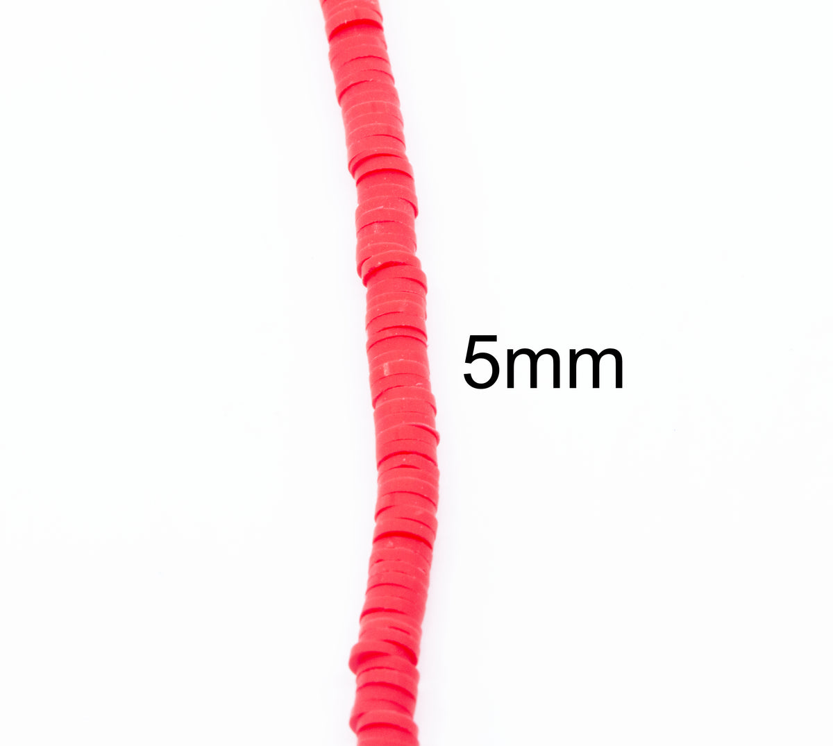 A close-up of a single strand of polymer clay disc beads shown vertically on a white background with the text '5mm' indicating the bead size