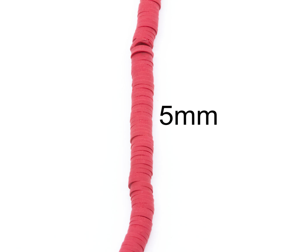 A close-up of a single strand of red polymer clay disc beads with a '5mm' size overlay on a plain white background.