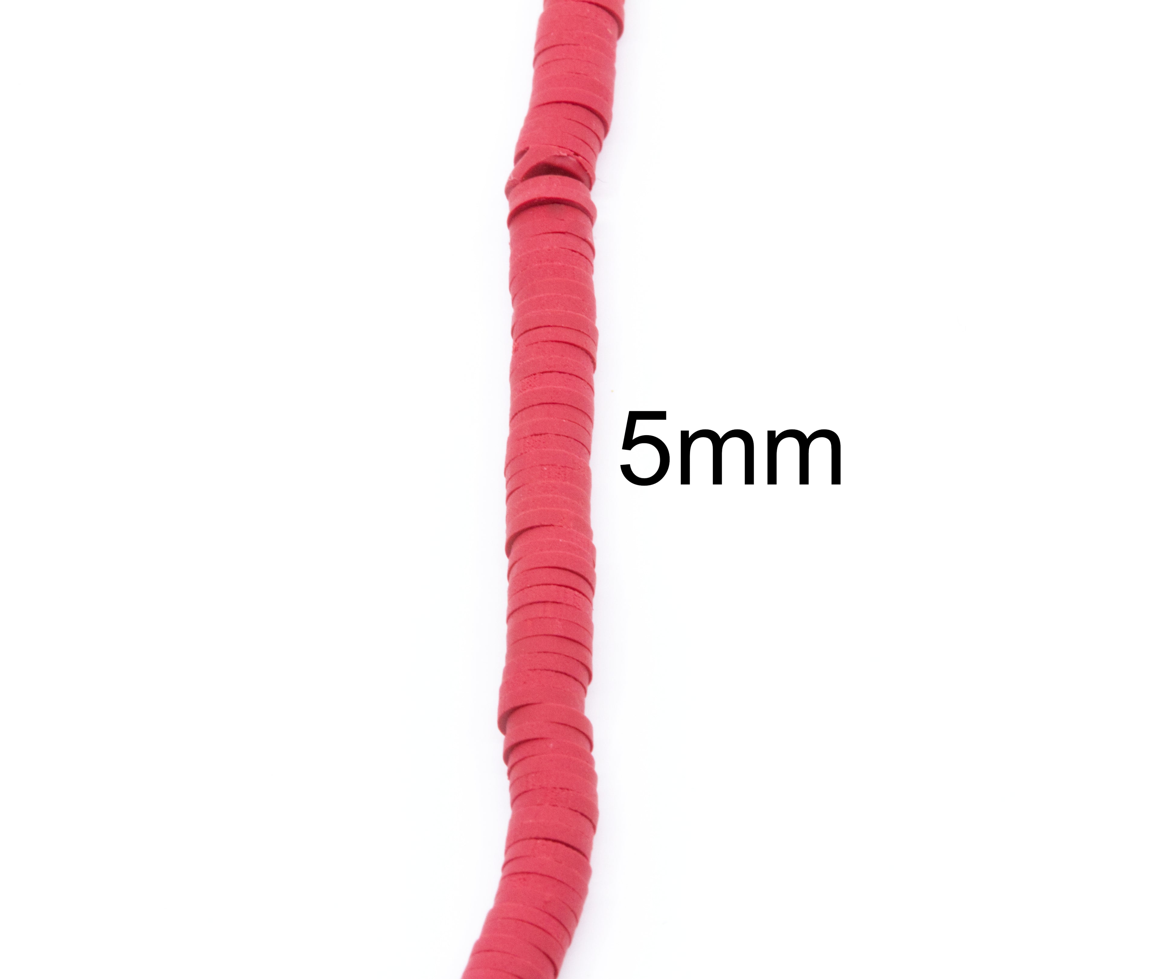 A close-up of a single strand of red polymer clay disc beads with a '5mm' size overlay on a plain white background.
