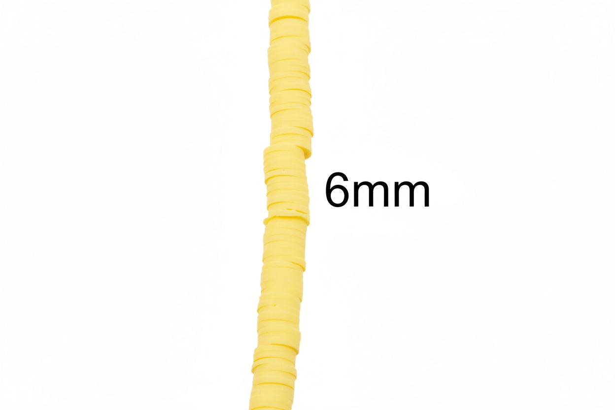 A single strand of golden orange polymer clay disc beads shown vertically on a white background, with the text '6mm' indicating the diameter.