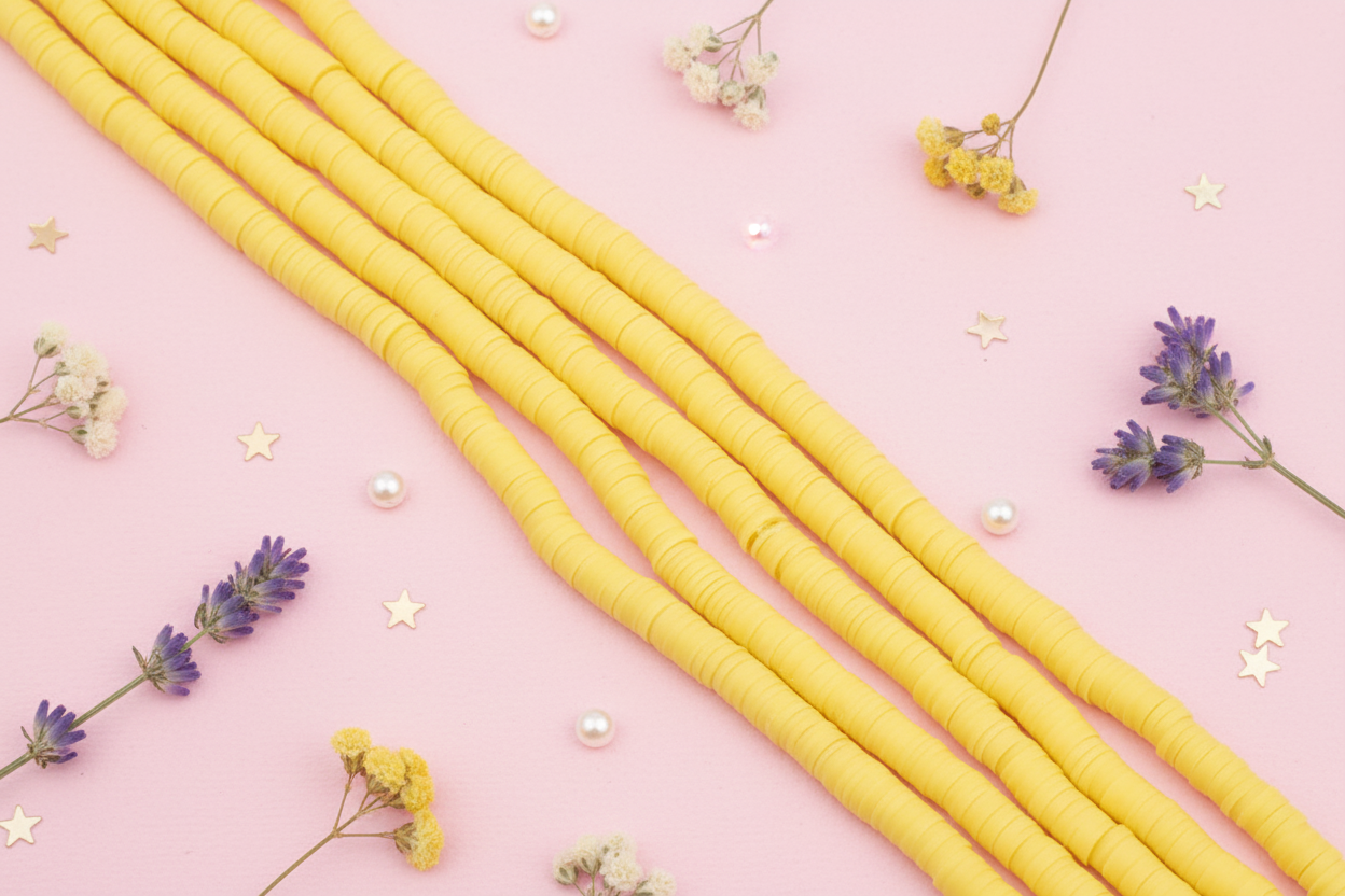 golden orange polymer clay disc bead strands shown diagonally on a pink background, styled with small purple lavender sprigs, white faux pearls, and gold star confetti.